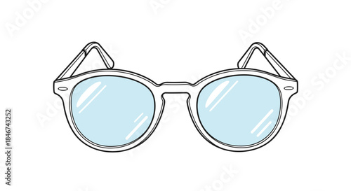 Simple line art illustration of classic round-framed eyeglasses with light blue tinted lenses, isolated on a white background.