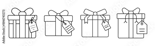 Set of four outline gift boxes with bows and tags, perfect for celebrations and holidays