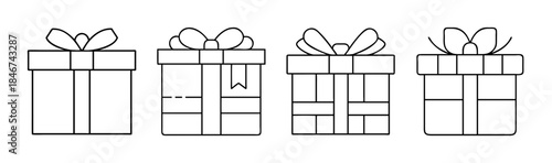 Minimalist line art collection of various wrapped gift boxes with decorative bows, perfect for celebrations