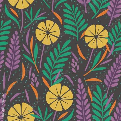 Stylized floral garden background design for clothing, home furnishings, stationery, and product packaging paper.