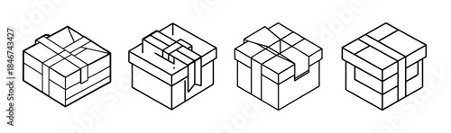 A collection of four isometric outline illustrations depicting various gift box designs with ribbons