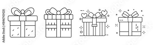 Collection of minimalist outline gift boxes adorned with bows and celebratory elements