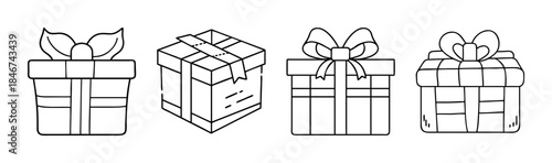 A versatile set of outlined gift box icons ideal for holidays, celebrations, and special events