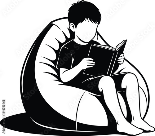 Child reading silhouette, bean bag comfort, barefoot relaxed pose, educational moment scene, black and white vector, peaceful learning illustration