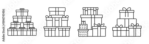 Various stacks of outline gift boxes with bows, perfect for celebrations and holidays