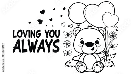 Anime style teddy bear with vibrant balloons and butterflies in a sweet scene