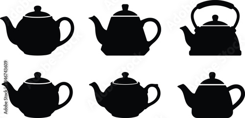 Teapot silhouette collection, black vector kitchenware, classic tea pot designs, spout and handle styles, home decor icons