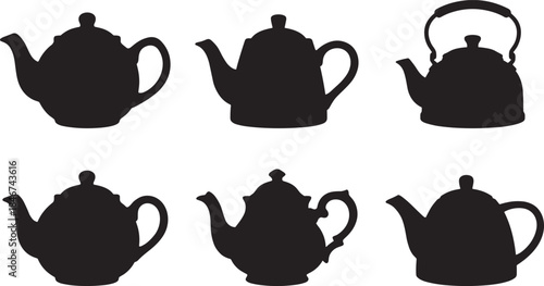 Teapot silhouette set, black vector kitchenware, classic tea pot shapes, spout and handle variations, home decor icons