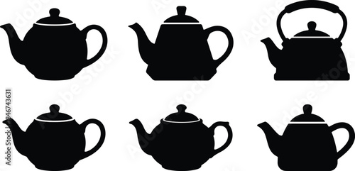 Teapot silhouette set, black vector kitchenware, classic tea pot shapes, spout and handle styles, home decor icons