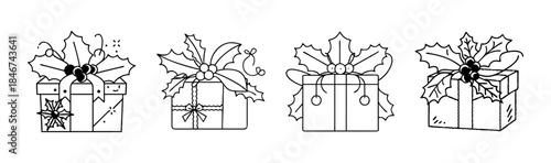A festive collection of hand-drawn christmas gift boxes adorned with holly and berries