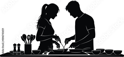 Couple cooking together, kitchen silhouette scene, teamwork in food prep, shared domestic task, black and white vector, culinary collaboration moment
