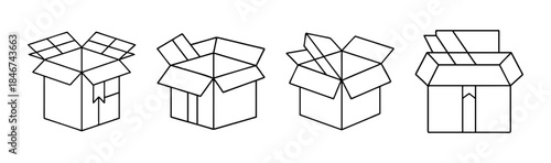 A collection of minimalist line art icons showing various open packaging boxes
