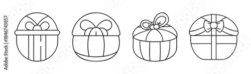 Set of circular gift boxes with various decorative bows and ribbons for celebration