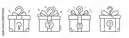 Mystery gift boxes icon set featuring question marks for surprise and unknown prizes