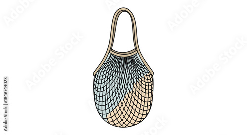 Eco-friendly reusable mesh string shopping bag illustrated in a simple line art style, promoting zero waste and sustainability.