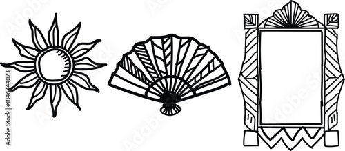 Black and white art deco decorative elements sun fan frame illustration