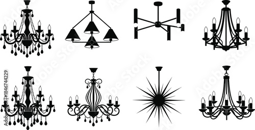 Chandelier Silhouettes Set, Victorian to Modern Lighting Designs, Crystal Droplets, Starburst, Geometric Fixtures Vector Graphic
