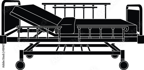 Hospital bed silhouette, adjustable backrest design, medical equipment vector, patient care furniture, healthcare support, black and white illustration, mobility aid