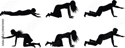 Crawling People Silhouette Set, Dynamic Floor Movement Poses, Men and Women Crawl Vector Graphic Collection, Minimalist Style