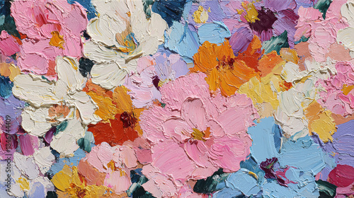 A stunning close-up of colorful flowers blooming in profusion. The petals of the flowers are painted with thick brushstrokes