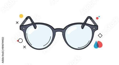 Modern flat design illustration of a pair of classic round eyeglasses with abstract geometric shapes and colorful accents.