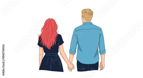 Back view of a romantic young couple holding hands while walking together, showing a man and a woman in a loving relationship.