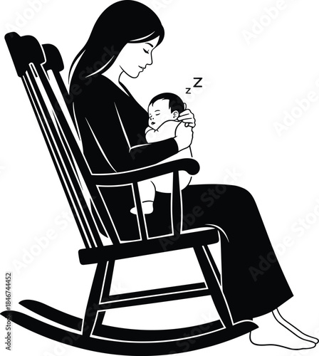 Mother and baby silhouette, rocking chair moment, nurturing care scene, sleeping infant bond, black and white vector, peaceful parenting illustration