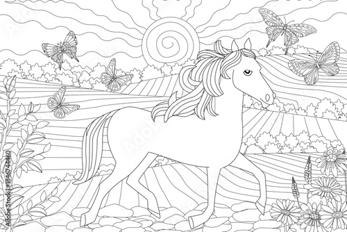 coloring book page for adults and kids. horse walking on cobbled country road in field landscape with flying butterflies
