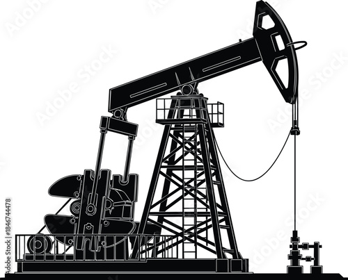 Oil pumpjack silhouette, energy extraction, crude oil industry, mechanical engineering, petroleum equipment, industrial landscape, nodding donkey, horsehead pump, black and white