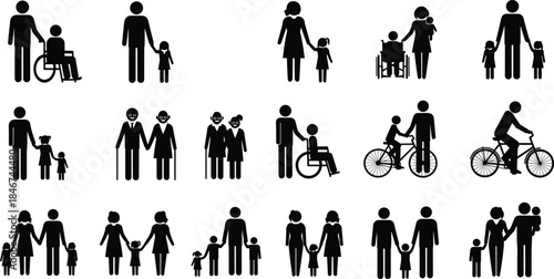 Diverse Family Silhouettes Set, Inclusive People Poses, Elderly, Disabled, and Children Vector Graphic Collection, Simple Outlines