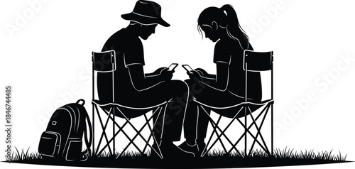 Outdoor digital activity, people on phones, folding chair silhouette, modern lifestyle, technology in nature, black and white vector, casual scene