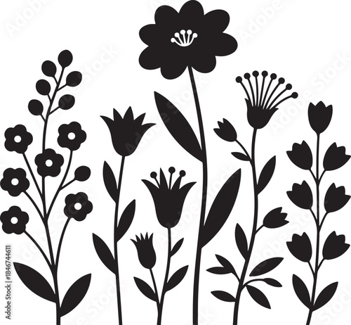 Monochromatic Floral Array Stylized Botanical Elements on White Background