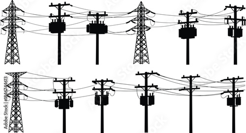 Electrical Utility Poles Grid Silhouette, Power Transmission Towers and Transformer Boxes, Industrial Infrastructure Diagram Vector