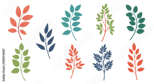 Collection of various stylized tree branches with colorful leaves, a set of decorative botanical elements for nature-themed design.