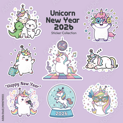 A cute sticker collection featuring playful unicorns celebrating New Year 2026 with activities like dancing, traveling, singing, and hugging friends, set on a lavender background