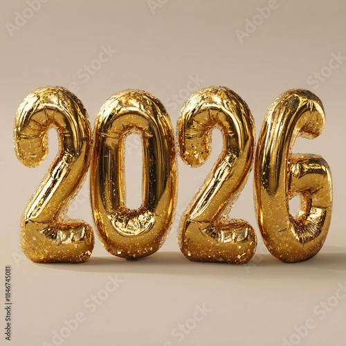 Golden balloons shaped as the numbers 2026 on a neutral background.