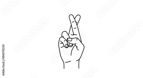 Simple black and white line art illustration of a human hand making the fingers crossed gesture for good luck or hope.