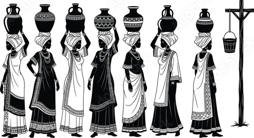 traditional women, clay pots, cultural scene, ethnic attire, water well, village life, line art, vector drawing, CAD illustration, heritage