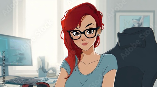 Beautiful Red Hair Gamer Girl in Cozy Gaming Setup, Animated Style