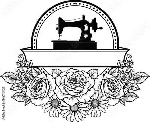 vintage sewing machine, floral frame, handmade craft, tailoring emblem, retro design, vector sketch, CAD drawing, illustration, roses, daisies