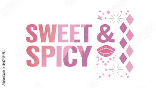Vibrant pink and purple gradient lips icon with bold sweet spicy text and decorative elements