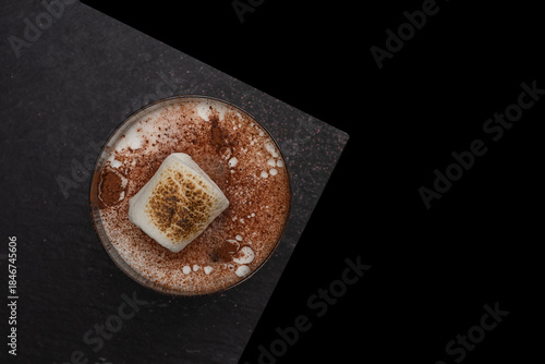 An overhead shot of a delightful cocktail, showcasing a toasted marshmallow resting atop a cocoa-dusted beverage
