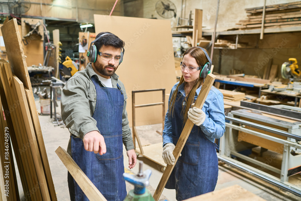 Fototapeta premium Young apprentice and mentor collaborating in a lumber workshop
