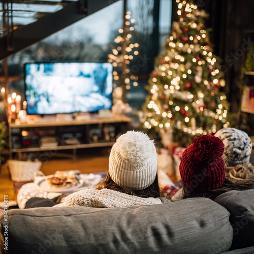 Two women wearing winter hats sit on a couch watching a television.