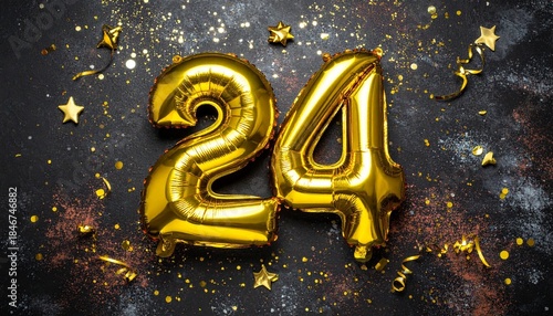 Gold Foil Balloons “24” with Confetti – Festive Image for 24th Birthday or Anniversary Celebration