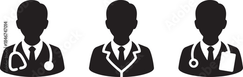 Three doctors silhouette with stethoscope and tie on checkered background