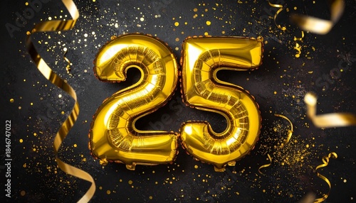 Gold Foil Balloons “25” with Confetti – Elegant Celebration Image for 25th Birthday or Anniversary