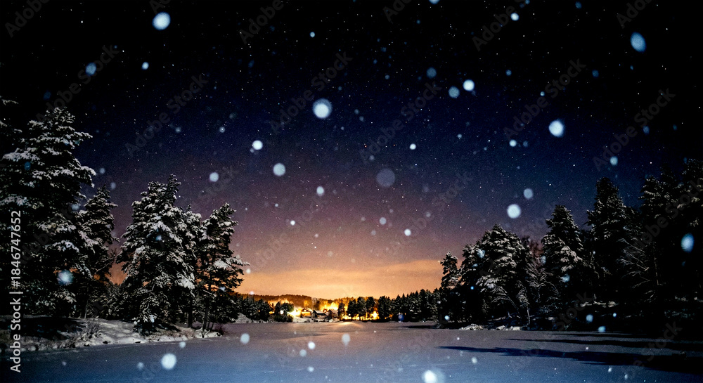 Fototapeta premium Snowy Night Landscape with Falling Snow and Starry Sky Over a Village winter