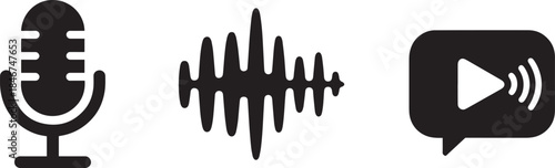 Microphone sound wave and video play button in speech bubble icons vector