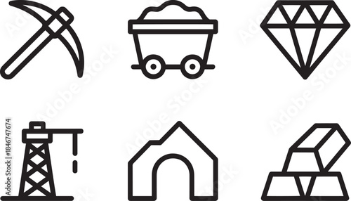 Mining industry equipment and natural resources simple line icons transparent background